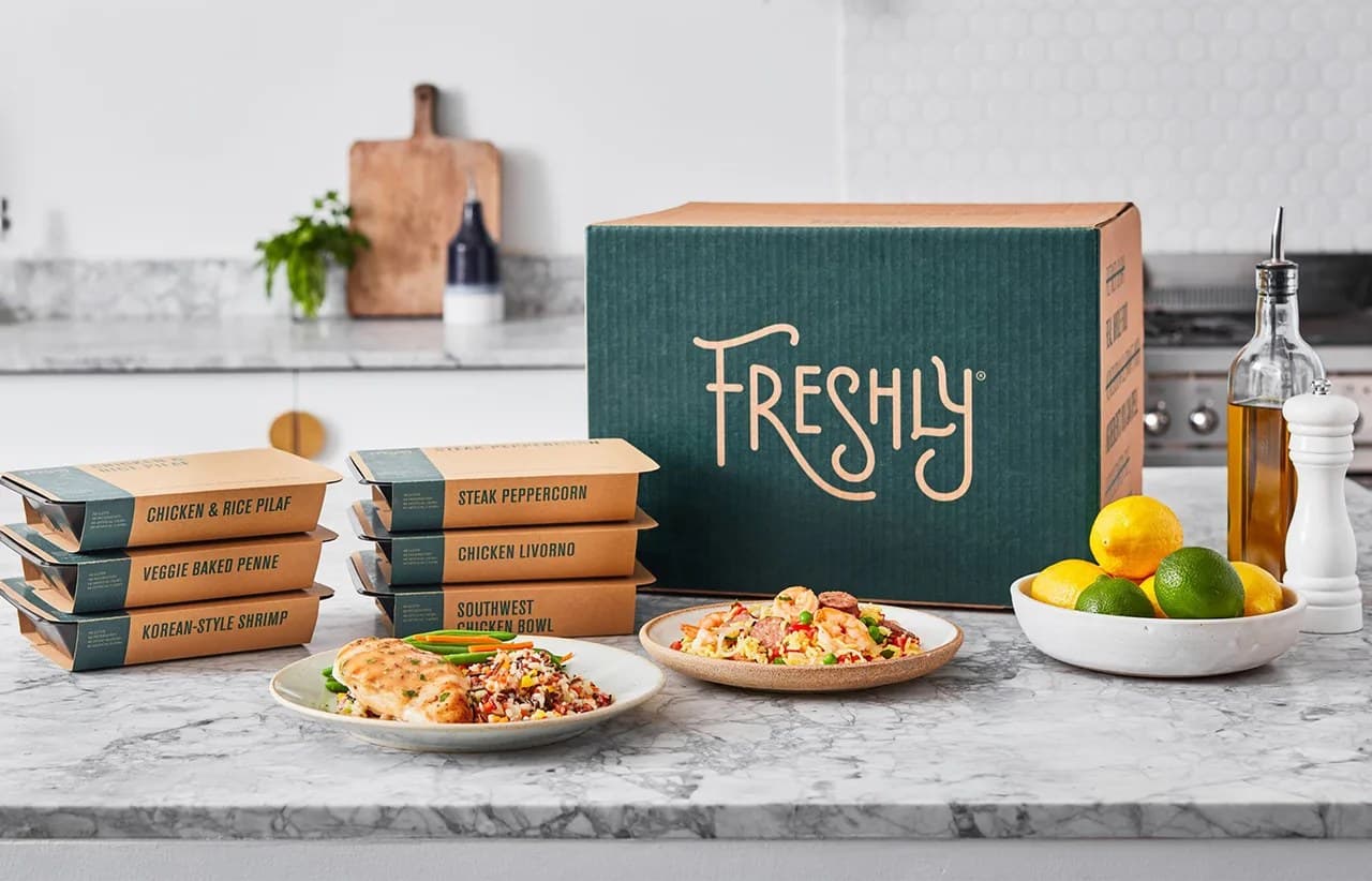 Freshly meal kit on a kitchen counter — Chicken & Rice Pilaf, Steak Peppercorn, Korean-Style Shrimp
